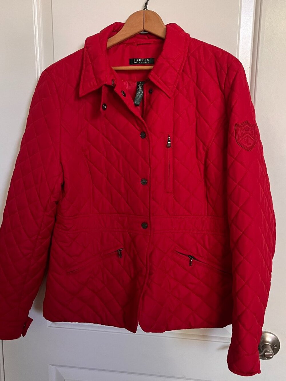 Lauren Ralph Lauren Jacket Womens Large Red Quilted Diamond Front Pockets